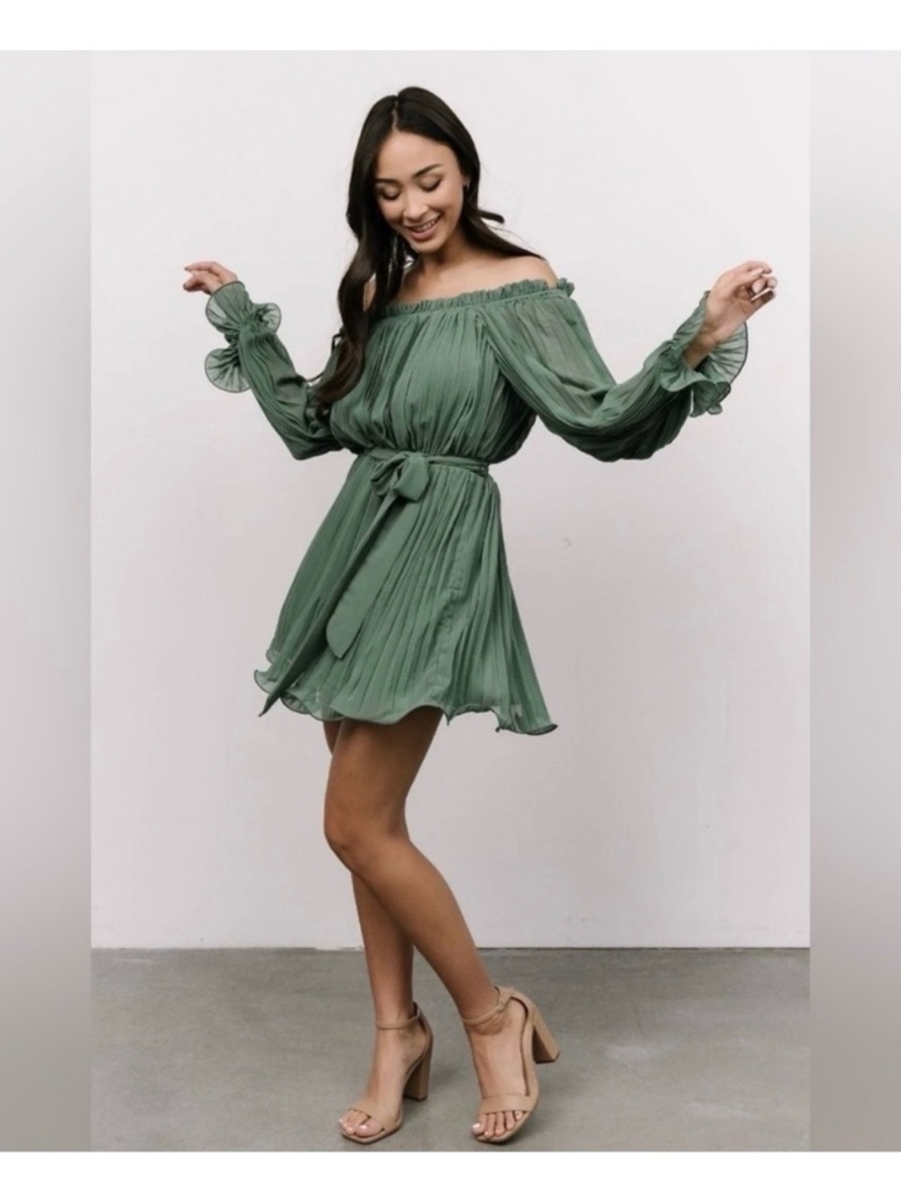 Baltic Born Green Off-Shoulder Pleated Mini Dress